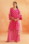 Shop_Palak & Mehak_Pink Crepe Printed Floral V Neck Gauri Kurta Flared Pant Set _Online_at_Aza_Fashions