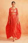 Buy_Palak & Mehak_Red Crepe Printed Dotted Sweetheart Isra Cape Draped Skirt Set _at_Aza_Fashions