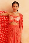 Palak & Mehak_Red Crepe Printed Dotted Sweetheart Isra Cape Draped Skirt Set _at_Aza_Fashions