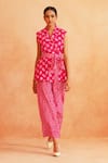 Shop_Palak & Mehak_Pink Crepe Printed Dotted Lapel Collar Lisa Blazer Pant Set _at_Aza_Fashions