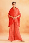 Buy_Palak & Mehak_Red Crepe Printed Abstract Collared Roshini Asymmetric Shirt Tunic And Pant Set _at_Aza_Fashions