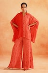 Buy_Palak & Mehak_Red Crepe Printed Abstract Collared Roshini Asymmetric Shirt Tunic And Pant Set _Online_at_Aza_Fashions