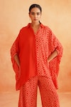 Shop_Palak & Mehak_Red Crepe Printed Abstract Collared Roshini Asymmetric Shirt Tunic And Pant Set _Online_at_Aza_Fashions