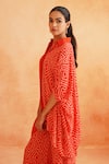 Palak & Mehak_Red Crepe Printed Abstract Collared Roshini Asymmetric Shirt Tunic And Pant Set _at_Aza_Fashions