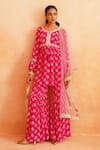 Shop_Palak & Mehak_Pink Crepe Printed Floral Round Safa Peplum Tunic Sharara Set _at_Aza_Fashions