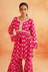 Buy_Palak & Mehak_Pink Crepe Printed Floral Round Safa Peplum Tunic Sharara Set _Online_at_Aza_Fashions