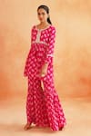 Shop_Palak & Mehak_Pink Crepe Printed Floral Round Safa Peplum Tunic Sharara Set _Online_at_Aza_Fashions