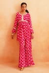 Buy_Palak & Mehak_Pink Crepe Printed Floral Round Safa Peplum Tunic Sharara Set 