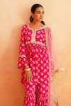 Shop_Palak & Mehak_Pink Crepe Printed Floral Round Safa Peplum Tunic Sharara Set 