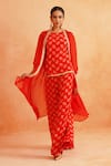 Buy_Palak & Mehak_Red Crepe Printed Floral Cape Open Veda Top Pant Set _at_Aza_Fashions