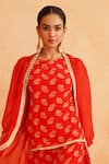 Shop_Palak & Mehak_Red Crepe Printed Floral Cape Open Veda Top Pant Set _at_Aza_Fashions