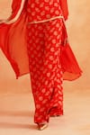 Palak & Mehak_Red Crepe Printed Floral Cape Open Veda Top Pant Set _Online_at_Aza_Fashions