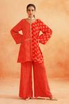 Buy_Palak & Mehak_Red Crepe Printed Dotted Collared Zara Floral Abstract Tunic And Pant Set _at_Aza_Fashions