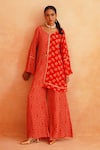 Shop_Palak & Mehak_Red Crepe Printed Dotted Collared Zara Floral Abstract Tunic And Pant Set _at_Aza_Fashions