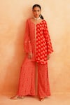 Shop_Palak & Mehak_Red Crepe Printed Dotted Collared Zara Floral Abstract Tunic And Pant Set _Online_at_Aza_Fashions