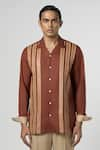 Buy_Line out line_Brown Matka Cotton Leather Patchwork Striped Shirt _at_Aza_Fashions