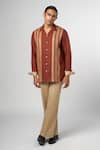 Line out line_Brown Matka Cotton Leather Patchwork Striped Shirt _at_Aza_Fashions