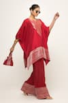 Buy_Sobariko_Red Silk Notched Triya Asymmetric Banarasi Kurta And Pant Set _at_Aza_Fashions