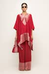 Sobariko_Red Silk Notched Triya Asymmetric Banarasi Kurta And Pant Set _Online_at_Aza_Fashions