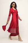 Shop_Sobariko_Red Silk V Neck Alaya Asymmetric Draped Dress With Trench Jacket _at_Aza_Fashions