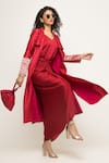 Sobariko_Red Silk V Neck Alaya Asymmetric Draped Dress With Trench Jacket _Online_at_Aza_Fashions