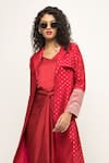 Buy_Sobariko_Red Silk V Neck Alaya Asymmetric Draped Dress With Trench Jacket _Online_at_Aza_Fashions