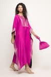 Shop_Sobariko_Pink Silk Notched Siya Brocade Asymmetric Kaftan _at_Aza_Fashions