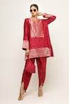 Buy_Sobariko_Red Silk Notched Tara Banarasi Brocade Kurta And Dhoti Pant Set _at_Aza_Fashions