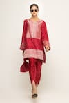 Shop_Sobariko_Red Silk Notched Tara Banarasi Brocade Kurta And Dhoti Pant Set _at_Aza_Fashions