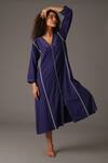 Buy_KHAT_Blue Handwoven Cotton Embroidery Piping V Neck Serenity Hand Midi Dress _Online_at_Aza_Fashions
