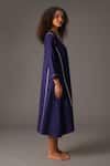 Shop_KHAT_Blue Handwoven Cotton Embroidery Piping V Neck Serenity Hand Midi Dress _Online_at_Aza_Fashions