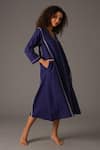 KHAT_Blue Handwoven Cotton Embroidery Piping V Neck Serenity Hand Midi Dress _at_Aza_Fashions