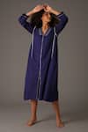 Shop_KHAT_Blue Handwoven Cotton Embroidery Piping V Neck Serenity Hand Midi Dress _at_Aza_Fashions