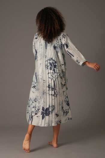 Shop_Khat_White Chanderi Silk Boat Neck Flora Texture Print Dress With Inner _at_Aza_Fashions