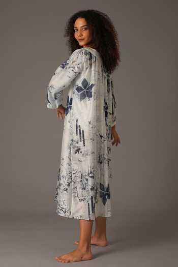 Khat_White Chanderi Silk Boat Neck Flora Texture Print Dress With Inner _Online_at_Aza_Fashions