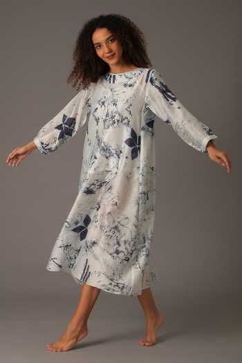 Buy_Khat_White Chanderi Silk Boat Neck Flora Texture Print Dress With Inner _Online_at_Aza_Fashions