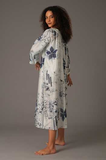 Shop_Khat_White Chanderi Silk Boat Neck Flora Texture Print Dress With Inner _Online_at_Aza_Fashions