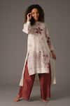 Buy_KHAT_White Chanderi Silk Print Fleur Boat Neck High Low Kurta Pant Set _at_Aza_Fashions