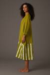 KHAT_Green Mul Print Striped Round Neck Midi Dress _Online_at_Aza_Fashions