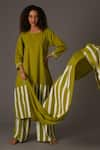 KHAT_Green Mul Print Striped Round Neck Kurta Pant Set _Online_at_Aza_Fashions