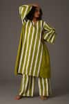 Buy_KHAT_Green Mul Print Striped V Neck Kurta With Pant _at_Aza_Fashions