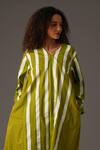 KHAT_Green Mul Print Striped V Neck Kurta With Pant _at_Aza_Fashions