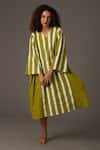 KHAT_Green Mul Print Striped V Neck Midi Dress _Online_at_Aza_Fashions