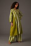 KHAT_Green Mul Print Striped V Neck Bar Kurta Set _at_Aza_Fashions