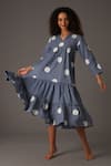 Buy_KHAT_Blue Twill Cotton Print Polka Camp Collar Frilly Panelled Midi Dress _at_Aza_Fashions