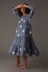 KHAT_Blue Twill Cotton Print Polka Camp Collar Frilly Panelled Midi Dress _Online_at_Aza_Fashions