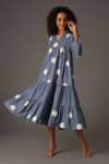 KHAT_Blue Twill Cotton Print Polka Camp Collar Frilly Panelled Midi Dress _at_Aza_Fashions