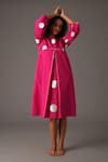 Buy_KHAT_Pink Poplin Cotton Print Polka Round Neck Inverted Pleat Detail Midi Dress _Online_at_Aza_Fashions