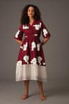 Buy_KHAT_Maroon Poplin Printed Flower Lapel Collar Dress _at_Aza_Fashions