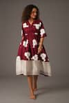 KHAT_Maroon Poplin Printed Flower Lapel Collar Dress _Online_at_Aza_Fashions